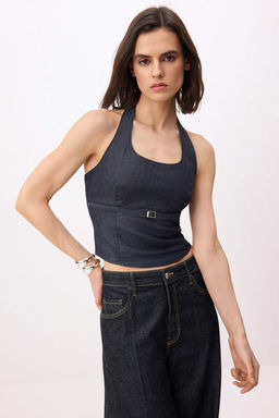 Koyu Mavi Halter Yaka Ekstra Esnek Denim Bluz TWOSS26BZ00507