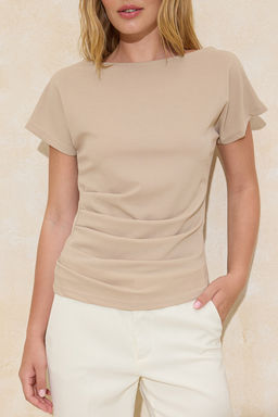 Tas Fitted/Vucuda Oturan Kay?k Yaka Dusuk Kol K?sa Kollu Scuba Krep Orme Bluz TWOSS26BZ00080 - Trendyolmilla фото 3