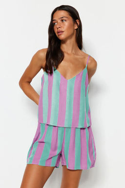 Trendyolmilla Pembe Cizgili Ip Ask?l? Viskon Sortlu Dokuma Pijama Tak?m? THMSS23PT00225 фото 20