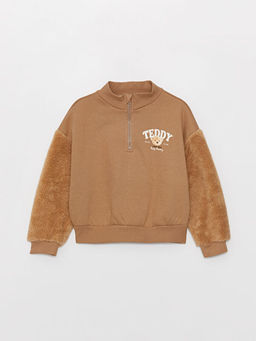 Dik Yaka Bask?l? Uzun Kollu K?z ?ocuk Sweatshirt