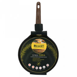Сковорода блинная с антипригарным покрытием "Terra" д24см, h4,3см, s2,6мм, дно s3,1мм, кованный алюминий, бакелитовая ручка с покрытием "soft-touch", имитирующим текстуру дерева, "Regent" (Китай) Подходит для всех видов плит, включая индукционную.