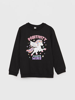 Bisiklet Yaka Bask?l? Uzun Kollu K?z ?ocuk Sweatshirt