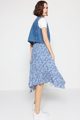 Indigo Desenli Volanl? Asimetrik Yuksek Bel Midi Esnek Orme Etek TWOAW20ET0440