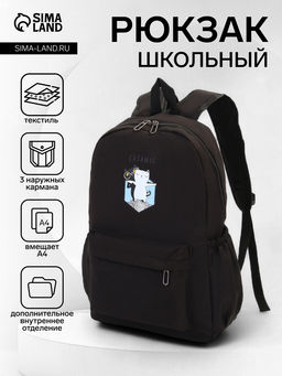 Рюкзак школьный на молнии, с карманами, с принтом, размер 30?12?43 см, чёрный