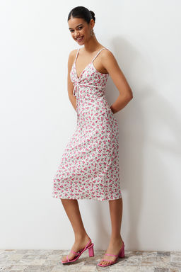 Ekru Cicek Bask?l? Burumcuk Belden Ac?lan/Skater Ask?l? Midi Orme Elbise TWOSS23EL01454 - Trendyolmilla фото 2