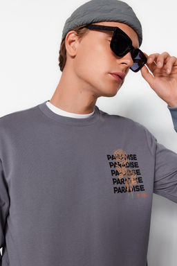 Antrasit Erkek Regular/Normal Kesim Uzun Kollu Bisiklet Yaka Bask?l? Sweatshirt TMNAW22SW0572