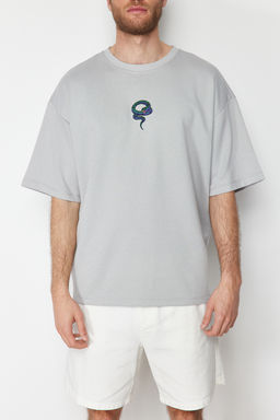 TRENDYOL MAN Premium Gri Oversize Y?lan Nak?sl? Kal?n Premium T-Shirt TMNSS24TS00018 - Trendyolmilla фото 5