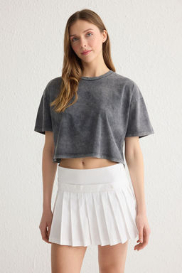 Premium Antrasit Y?kamal? %100 Kal?n Pamuklu Crop Orme T-Shirt TWOSS23TS00038