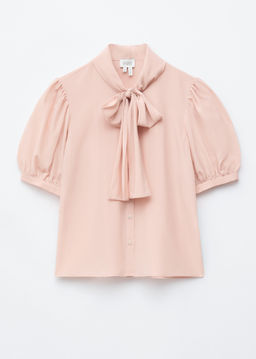 Blusa de seda estampada de cuello con lazo