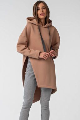 Туника трикотажная теплая с капюшоном из футера бежевая