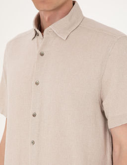 Bej Mikro Desenli %100 Pamuk Comfort Fit Rahat G_mlek