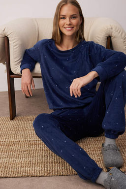 Lacivert Puantiyeli Polar K?sl?k Orme Pijama Tak?m? THMAW24PT00032