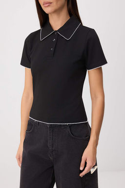 Siyah Fitted Polo Yaka Diki_ Detayl_ K_sa Kol Pamuklu Esnek _rme T-Shirt TWOSS26TS00245 - Trendyolmilla фото 3