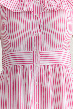 Fusya Cizgili Belden Ac?lan F?rf?rl? Dugme Detayl? Midi Dokuma Elbise TWOSS21EL1306