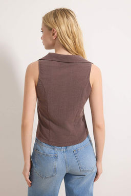 Ac?k Kahverengi Fitted/Vucuda Oturan Gomlek Yaka Dugmeli Kolsuz Jakarl? Orme Bluz TWOSS26BZ00182 - Trendyolmilla фото 4