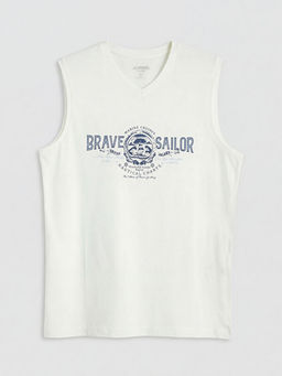 V Yaka Bask?l? Penye Erkek Kolsuz Ti??rt