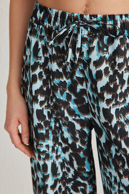 Mavi Beli Lastikli Wide Leg/Genis Paca Leopar Desenli Dokuma Pantolon TWOSS25PL00005