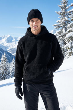 Siyah Un?sex Oversize/Genis Kesim Serpa Polar/Pelus Kapusonlu Sweatshirt TMNAW25SW00147