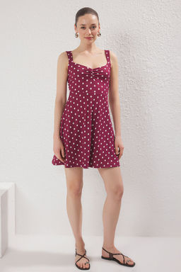 Bordo Ask?l? Puantiye Bask?l? Etegi F?rf?rl? Fitilli Esnek Mini Orme Elbise TWOSS25EL00379 - Trendyolmilla фото 2