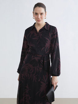 G?mlek Yaka ?i?ekli Pileli ?ifon Elbise