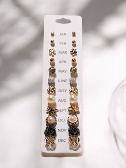 Серьги пусеты 12 пар One year, романтика, бело-серые в золоте