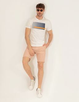 Turuncu Slim Fit Beli Lastikli _izgili Ba_c_kl_ Bermuda _ort