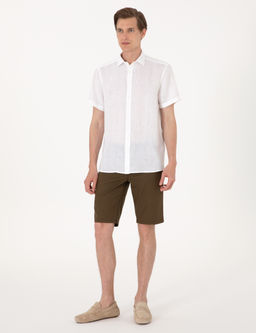 Beyaz %100 Keten Regular Fit K_sa Kollu G_mlek
