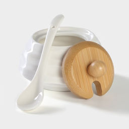 Набор для специй BellaTenero, 5 предметов: солонка 80 мл, перечница 80 мл, сахарница с ложкой 170 мл, на бамбуковой подставке, фарфор, белый