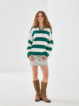 Polo Yaka ?izgili Kad?n Triko Kazak