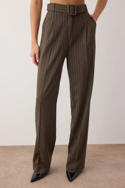 Haki Kemerli Cizgili Dokuma Genis Paca Pantolon TWOAW26PL00083 - Trendyolmilla фото 3