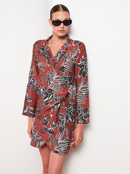 Kruvaze Yaka Desenli Uzun Kollu Elbise