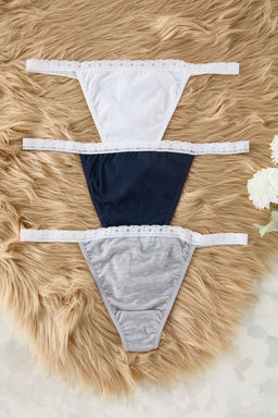 Trendyolmilla Lacivert-Cok Renkli 3lu Paket Pamuklu Dantel Detayl? Tanga Orme Kulot THMSS25KU00024