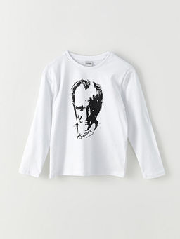 Bisiklet Yaka Atat?rk Bask?l? Uzun Kollu Pamuklu Erkek ?ocuk Ti??rt