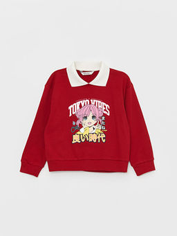 G?mlek Yaka Bask?l? Uzun Kollu K?z ?ocuk Sweatshirt