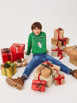 Bisiklet Yaka Y?lba?? Temal? Uzun Kollu Erkek ?ocuk Sweatshirt