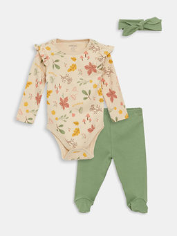 Bisiklet Yaka Uzun Kollu Bask?l? K?z Bebek 3l? Tak?m