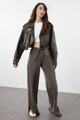 Koyu Kahverengi Soluk Efektli Wide Leg/Genis Paca Ince Orme Esofman Alt? Pantolon TWOAW22EA0426