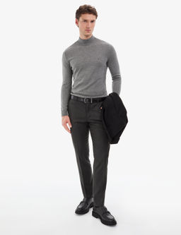 Gri Melanj Slim Fit Yar_m Bal_k__ Yaka Basic Triko Kazak