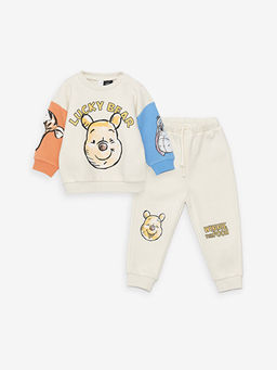 Bisiklet Yaka Uzun Kollu Winnie the Pooh Bask?l? Erkek Bebek Sweatshirt ve Pantolon 2li Tak?m