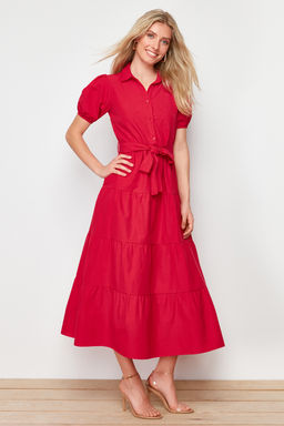 Fusya Genis Kesim Gomlek Yaka Maxi Dokuma Elbise TWOSS24EL00861