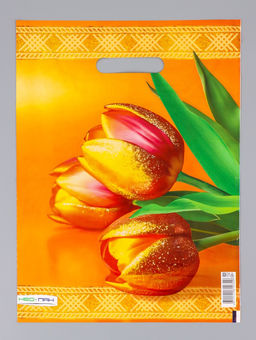 Цена за 25 шт. Пакет подарочный Желтые тюльпаны, полиэтиленовый с вырубной ручкой 30?40 см, 60 мкм