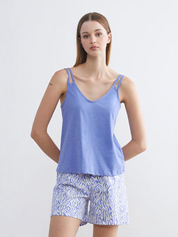 V Yaka Desenli Ask?l? Kad?n ?ortlu Pijama Tak?m?