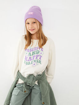 Bisiklet Yaka Bask?l? Uzun Kollu K?z ?ocuk Sweatshirt