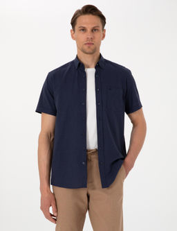 Koyu Lacivert Keten G_r_n_ml_ Regular Fit K_sa Kollu Cepli G_mlek