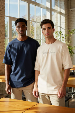TRENDYOL MAN Lacivert-Bej Oversize/Genis Kesim 2li Paket Yaz? Bask?l?-Duz %100 Pamuk T-Shirt TMNSS25TS00215