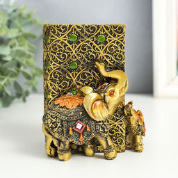 Фигурка-карандашница полистоун Слон и слонёнок в попоне с цветком, под бронзу, 8.5?9?11.5 см