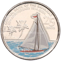 Монета 25 центов 2024 года Багамские острова 50 лет Центральному банку Багамских Островов