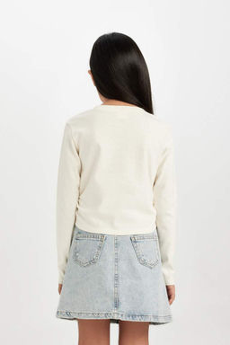 Укороченная футболка с длинными рукавами в рубчик с принтом и круглым вырезом для девочек - Defacto фото 7