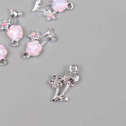 Цена за 5 шт. Декор для творчества металл, стразы «Цветочки», серебро, розовый, 2.2×1.3×0.5 см