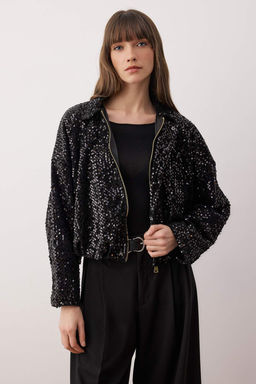 Siyah Oversize Parlak Pul Payet Bomber Mont TWOAW26MO00165